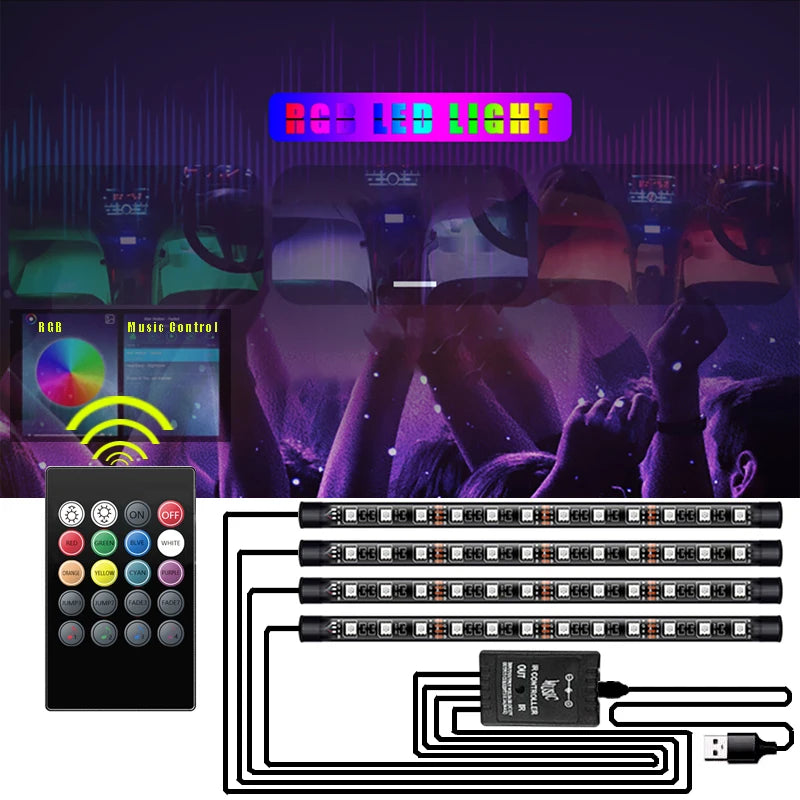 Car Foot Floor Decoration Bulbs Interior Atmosphere Light RGB LED Strip Lamp USB Wireless Remote Music Control Multiple Modes