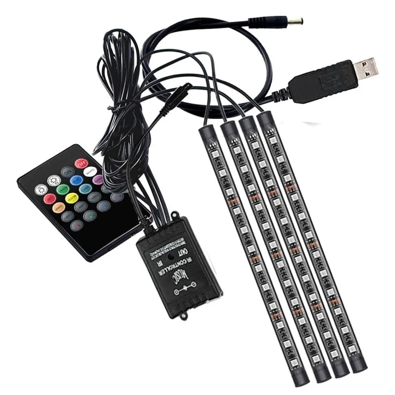 Car Foot Floor Decoration Bulbs Interior Atmosphere Light RGB LED Strip Lamp USB Wireless Remote Music Control Multiple Modes
